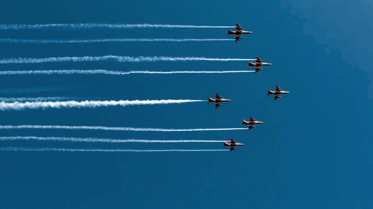 IAF aircraft fly in formation at Tarang Shakti 2026 in Jodhpur