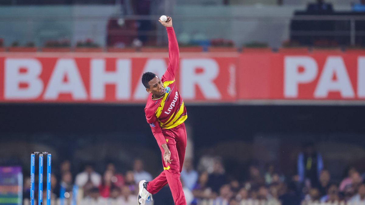 West Indies Akeal Hosein bowls in 2nd T20I against India in Ranchi