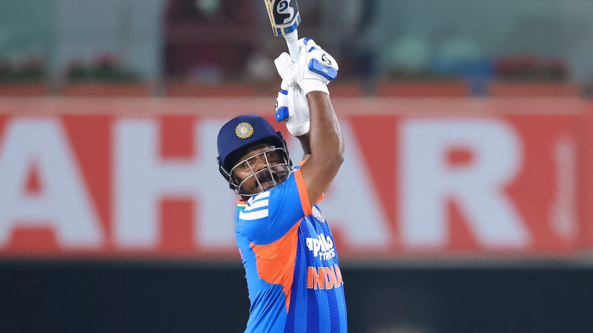 Sanju Samson plays a shot in 2nd T20I against West Indies