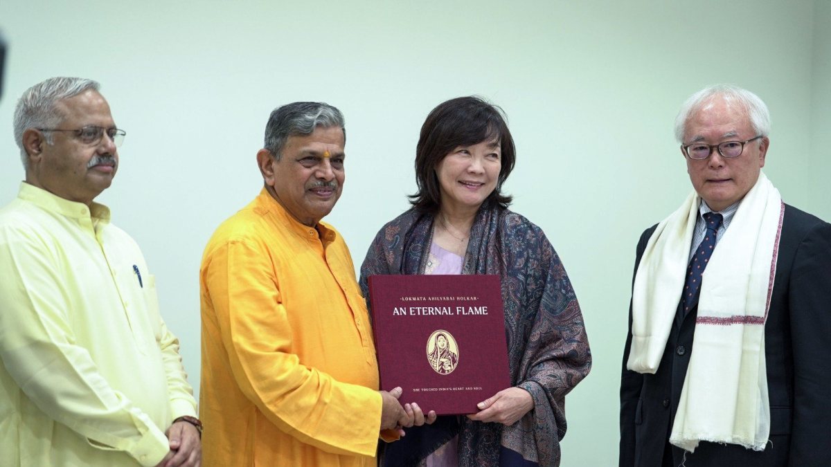 Akie Abe and Tomohiko Taniguchi meet RSS general secretary Dattatreya Hosabale in New Delhi