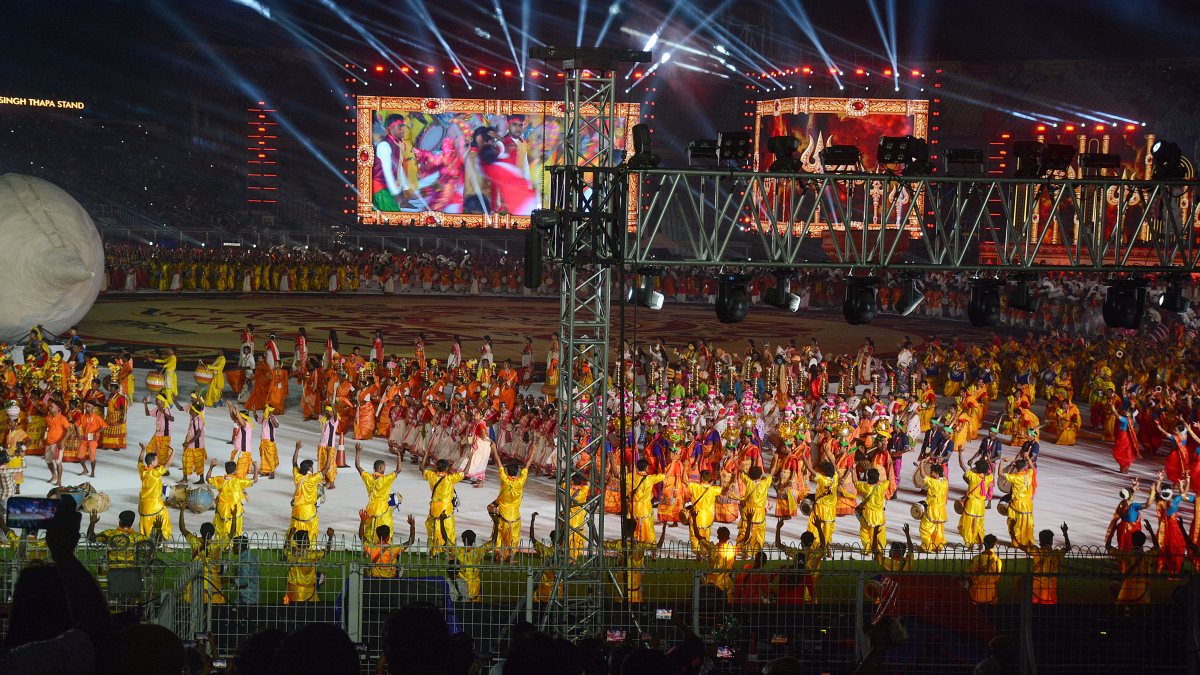 Folk artists perform at Durga Puja carnival in Kolkata