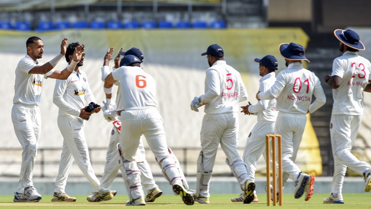 Pondicherry bowler Gaurav Yadav celebrates wicket of Vidarbha batsman Darshan Nalkande