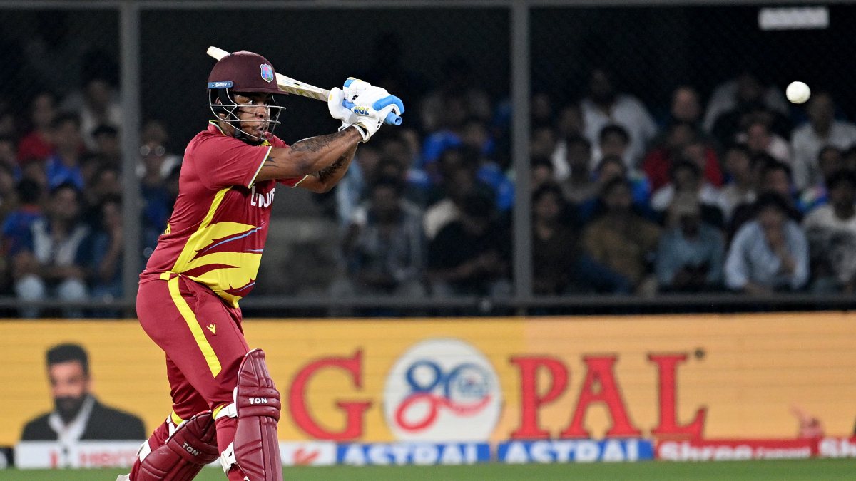 West Indies Shimron Hetmyer plays shot in 3rd T20I vs India
