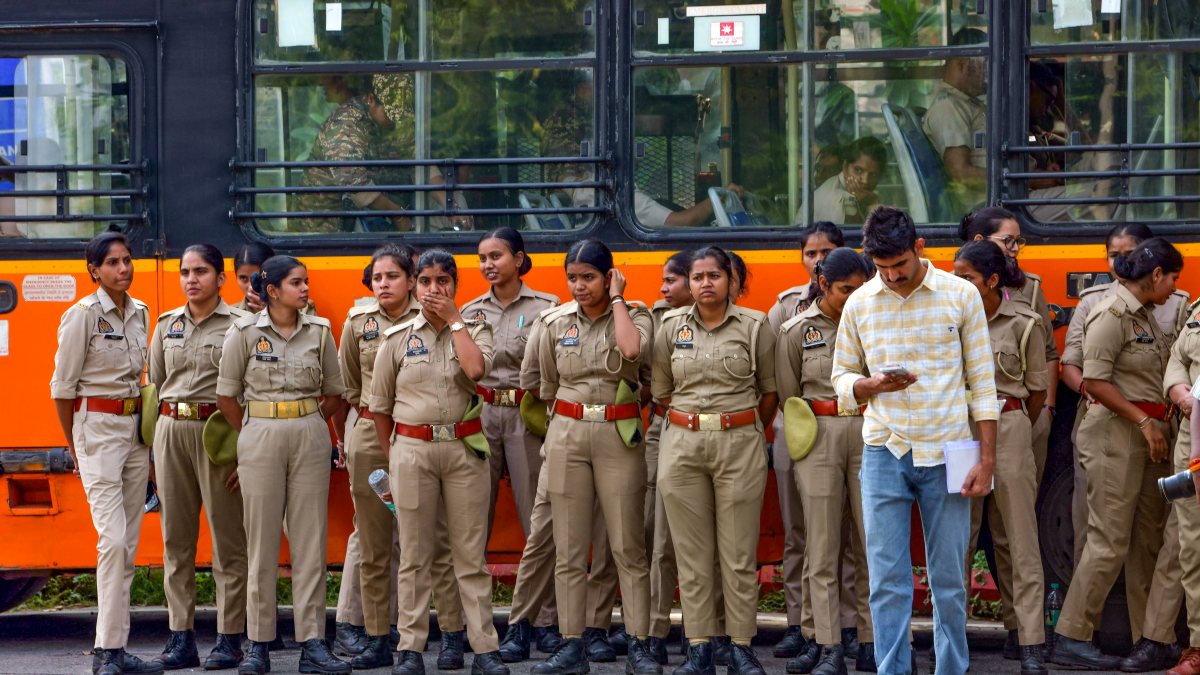Women police deployed near bus at Mandi House Circle