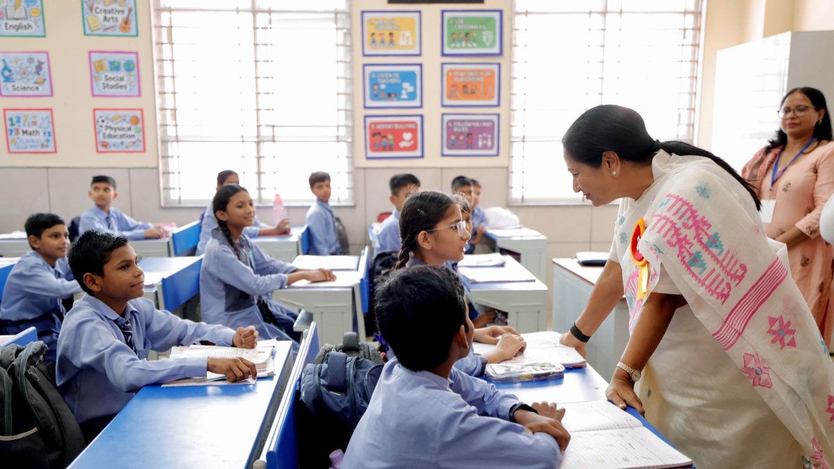 Delhi CM Rekha Gupta interacts with schoolchildren at project inauguration