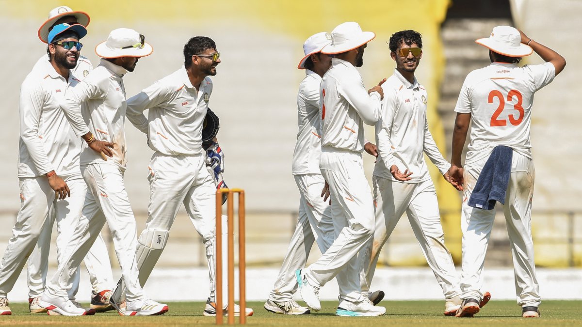 Vidarbha bowler Aman Mokhade celebrates wicket vs Pondicherry