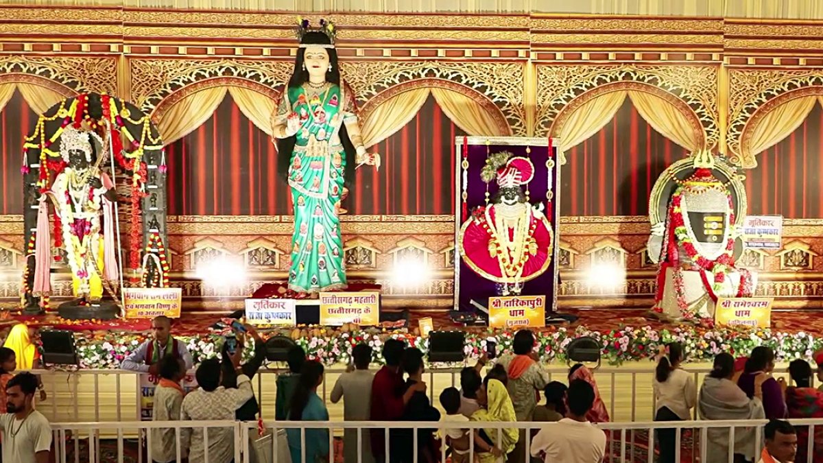 Deities displayed inside Durga Puja pandal in Kabirdham