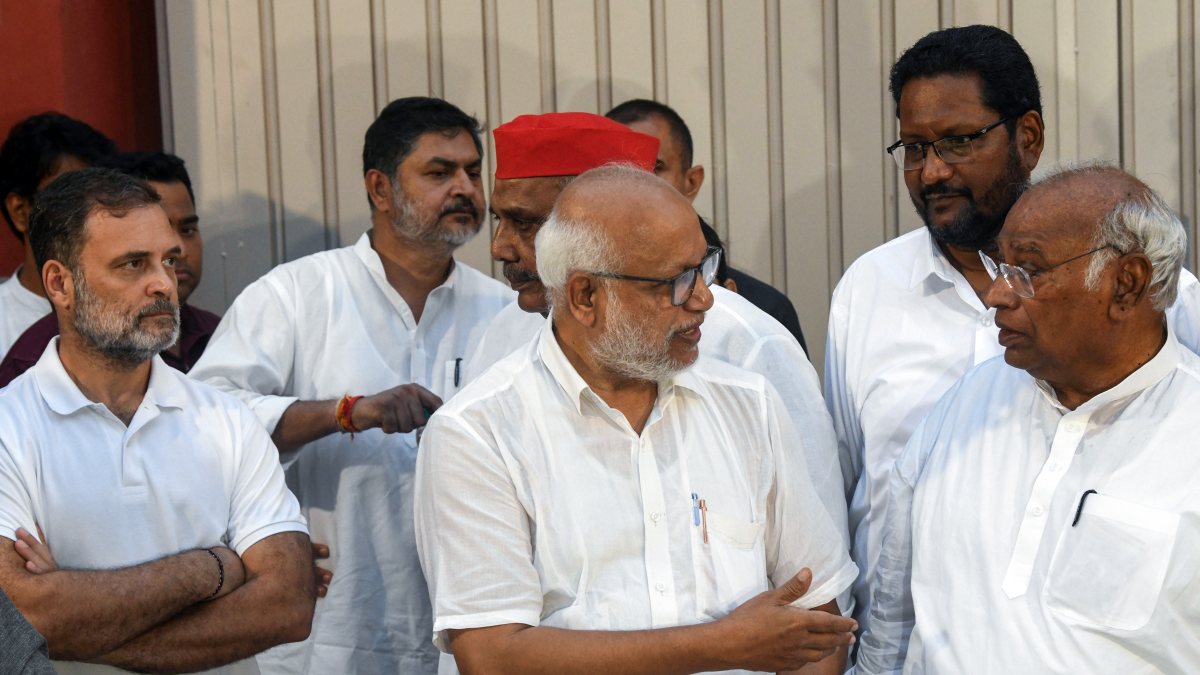 M A Baby and Mallikarjun Kharge interact at INDIA bloc press conference