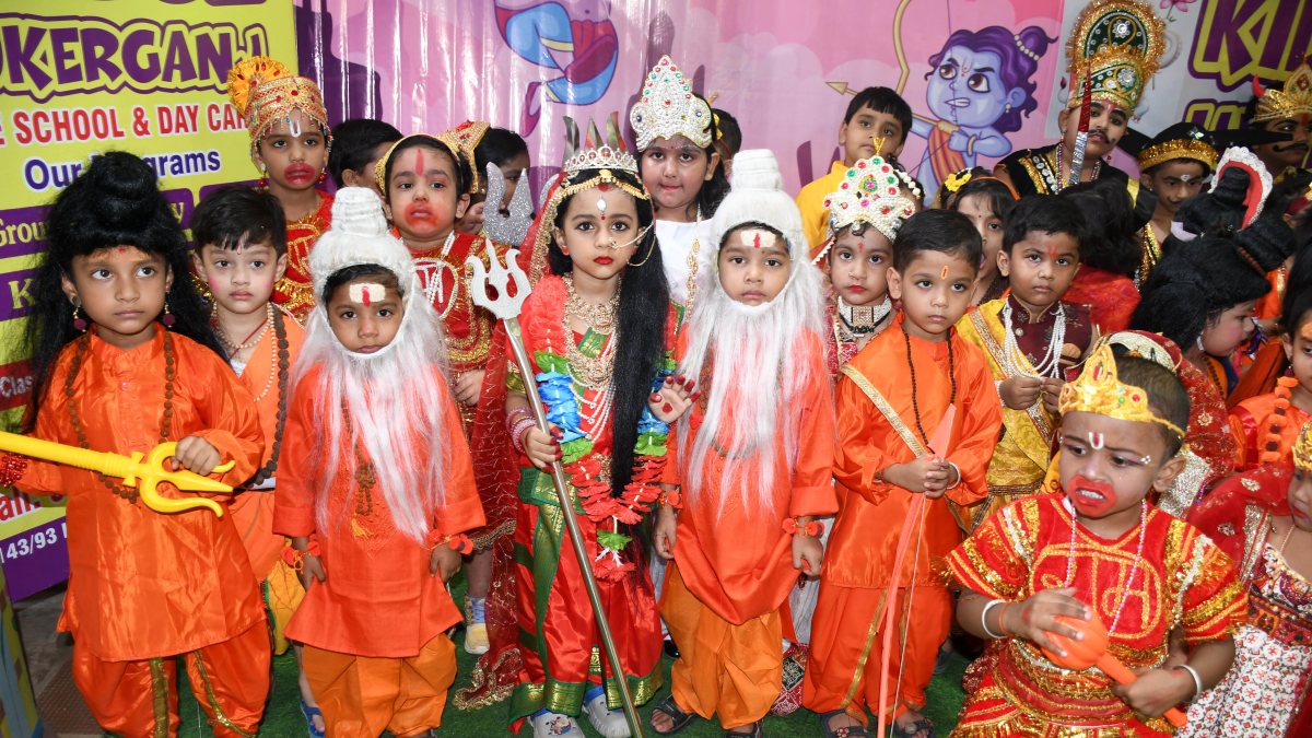Children pose as Ramleela characters in Prayagraj