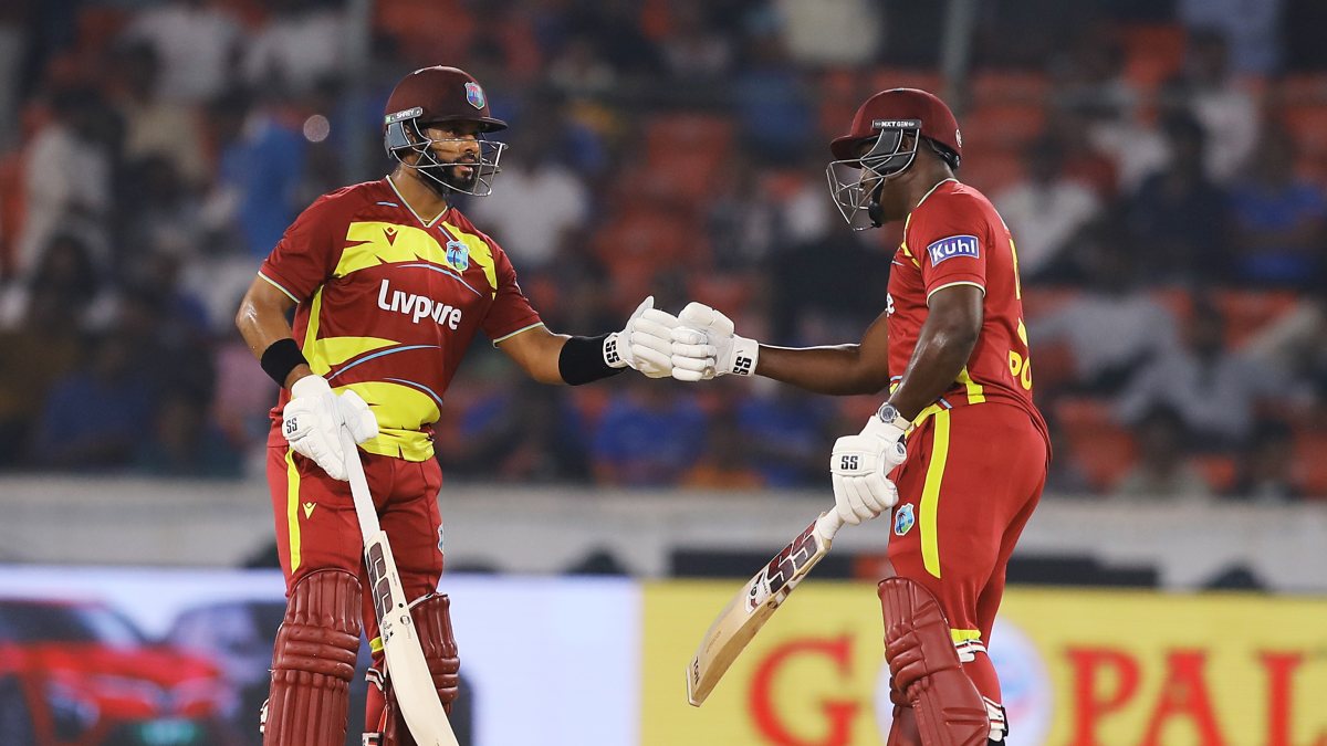 West Indies pair celebrate partnership in Hyderabad T20I