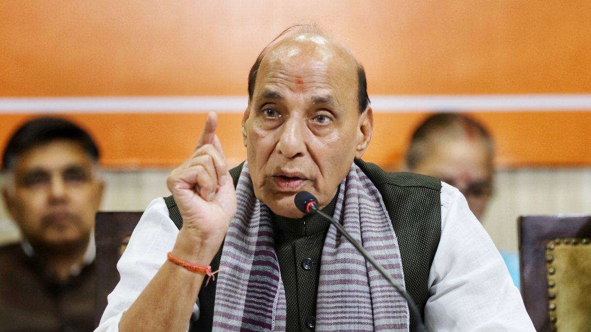 Rajnath Singh addresses press conference at BJP headquarters in Lucknow