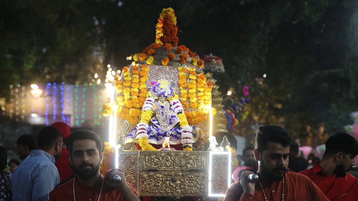 Devotees carry Hanuman palanquin at Amritsar Langur Mela