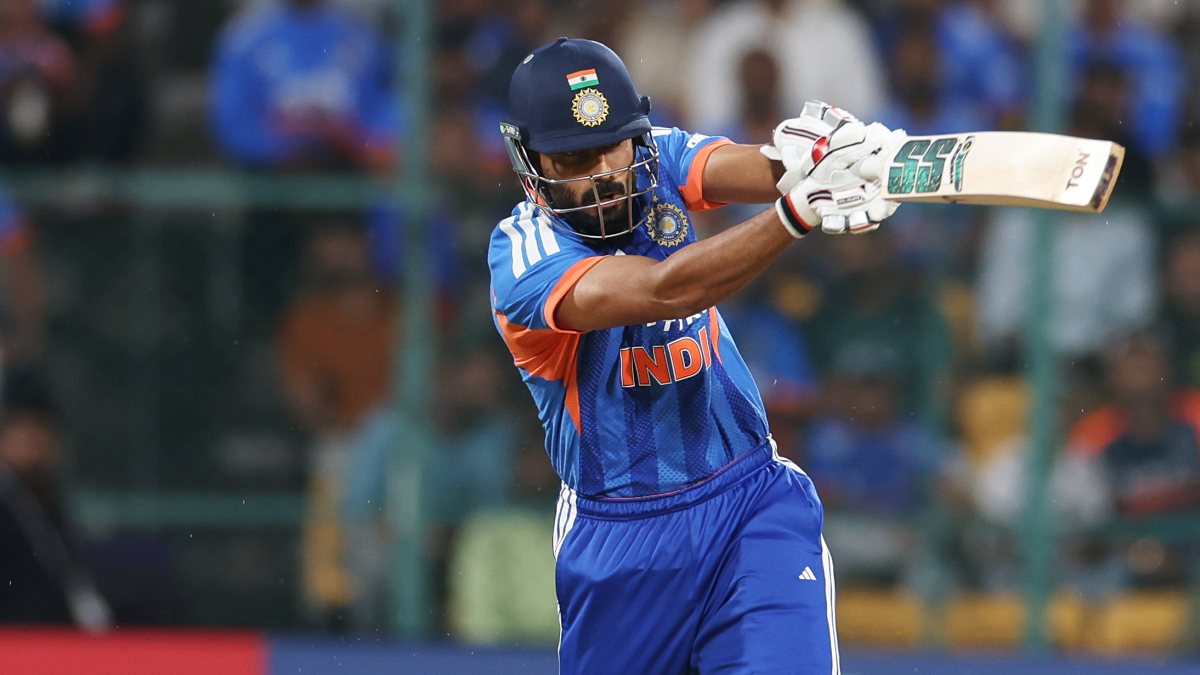 Naman Dhir plays a shot in fifth T20I against West Indies