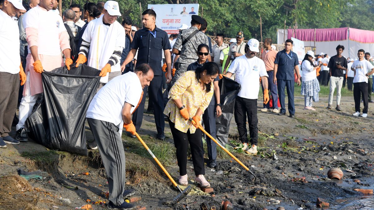 Delhi CM Rekha Gupta joins Yamuna cleaning drive at ITO ghat