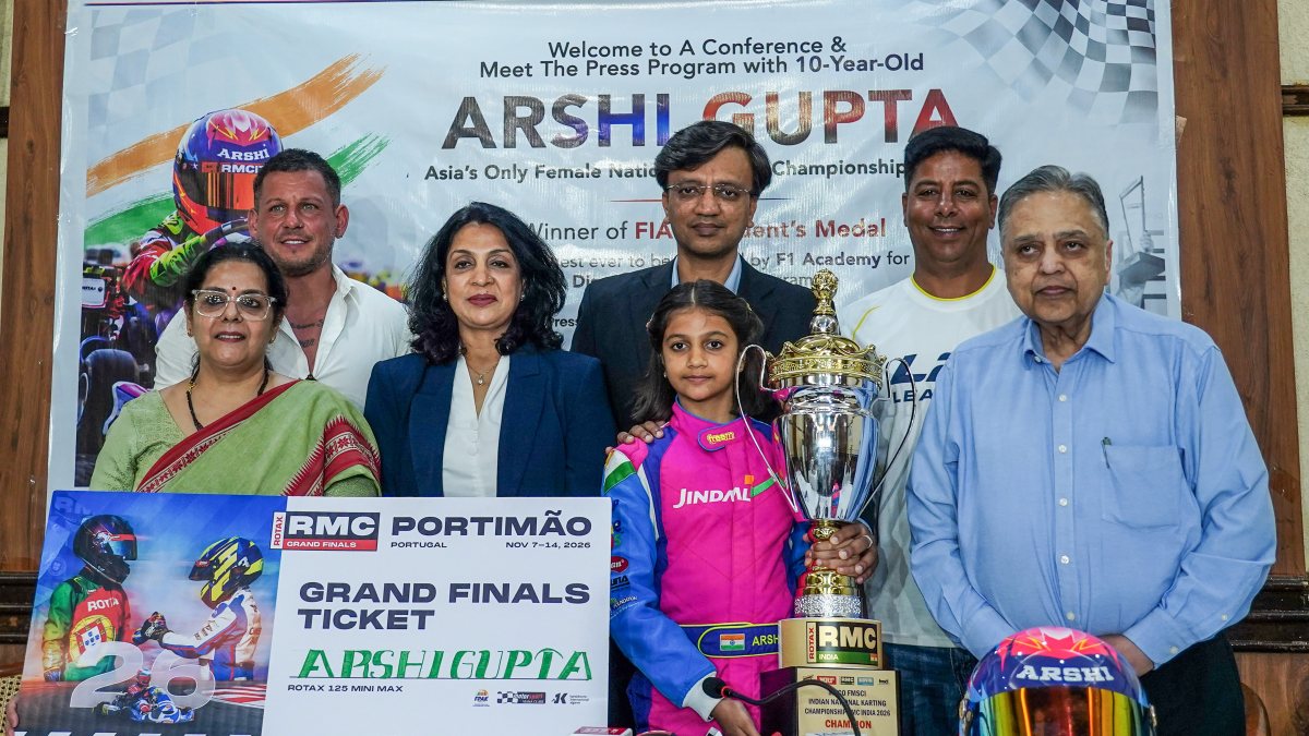 Female national karting champion Arshi Gupta poses at Delhi press conference