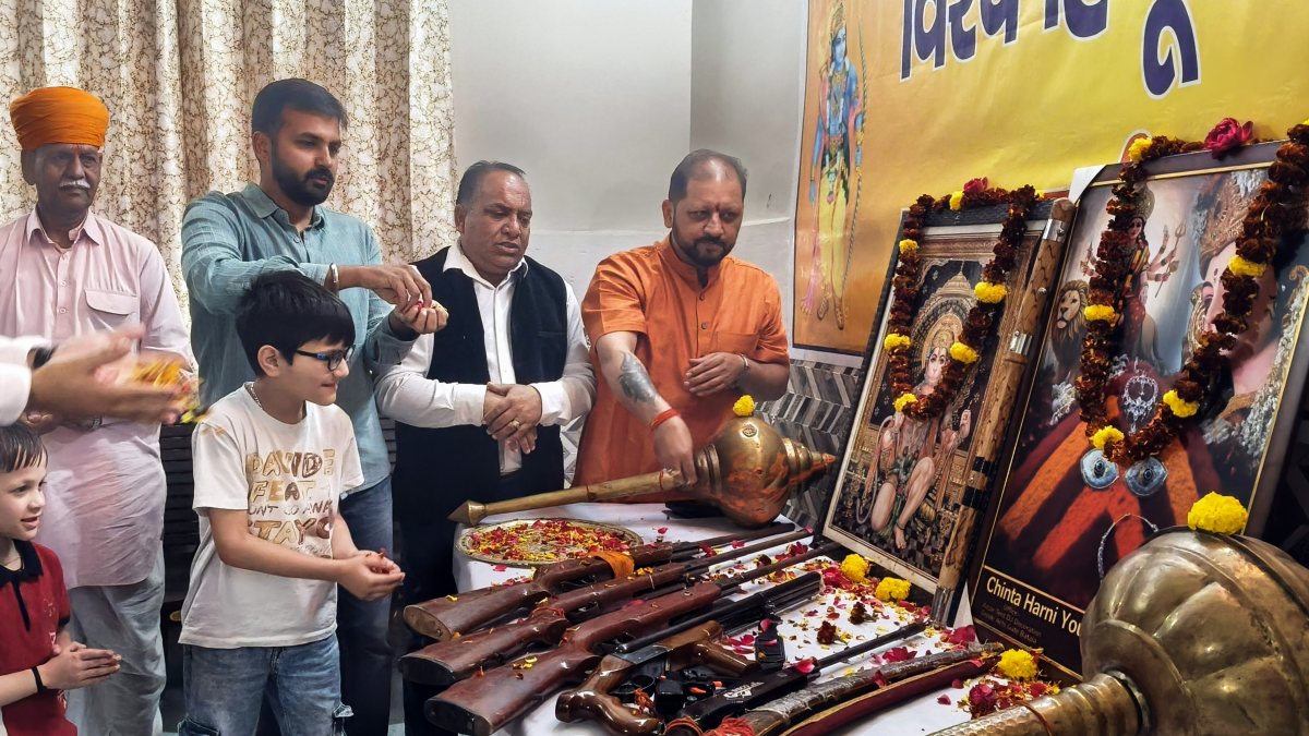 Children and VHP members perform Shastra Pujan in Jammu on Vijayadashami