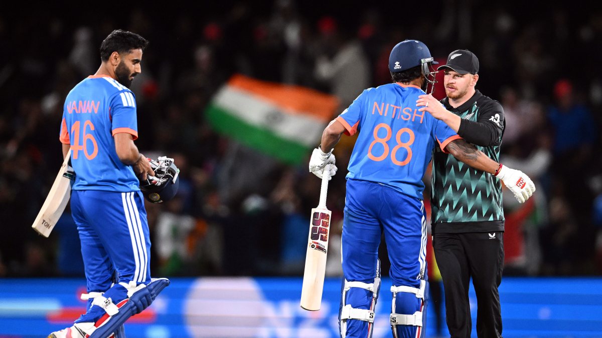 Nitish Kumar Reddy hugs Glenn Phillips after Christchurch T20I