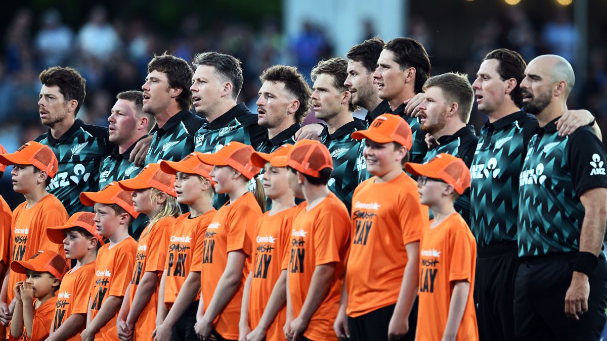 New Zealand players stand for national anthems at Hagley Oval