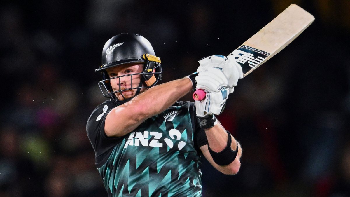 Glenn Phillips plays a shot during 2nd T20I against India