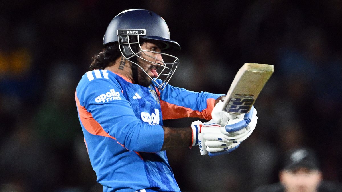 Tilak Varma plays a shot in 2nd T20I against New Zealand