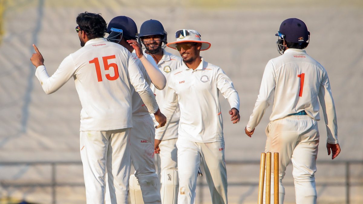 Vidarbha players celebrate a wicket against Goa in Ranji Trophy