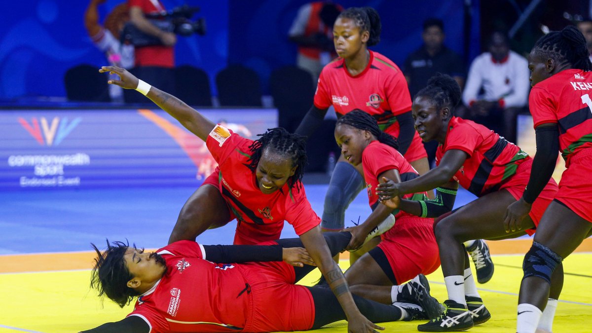 Kenya tackle England player in Commonwealth Kabaddi women's match